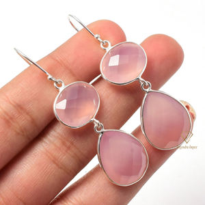 Boucles d'oreilles en argent Sterling 925 faites à la main calcédoine rose naturelle pierre précieuse lunette fantaisie ensemble pour les fêtes de mariage cadeaux à la mode - Product Image 1