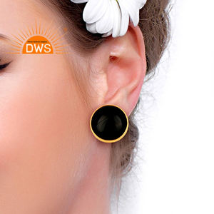 Black Onyx Round Bezel <b>Set</b> 925 <b>Sterling</b> <b>Silver</b> 14k Gold Plated <b>Stud</b> <b>Earring</b> Jewelry Supplier Classic Collection - Product Image 4