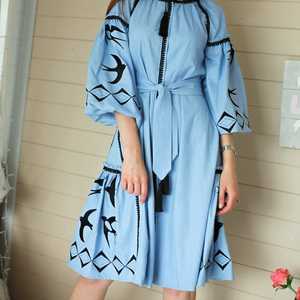 2023 últimos vestidos de lino con bordado Floral ucraniano para mujeres hechos a mano 100% algodón blanco bordado azul acentos para otoño - Product Image 5