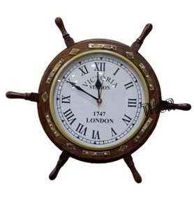 Décor de maison en bois Antique, Style nautique, 30 cm, décor de maison, brun, roues de direction, horloge murale en laiton, 1917 - Product Image 2