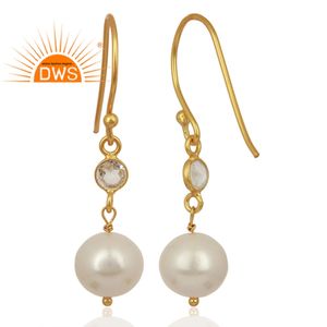 Natural Round White Pearl Earrings Manufacturer of 18k Yellow Gold Plated Silver Dangle Drop Earrings Supplier Jewelry - Product Image 3