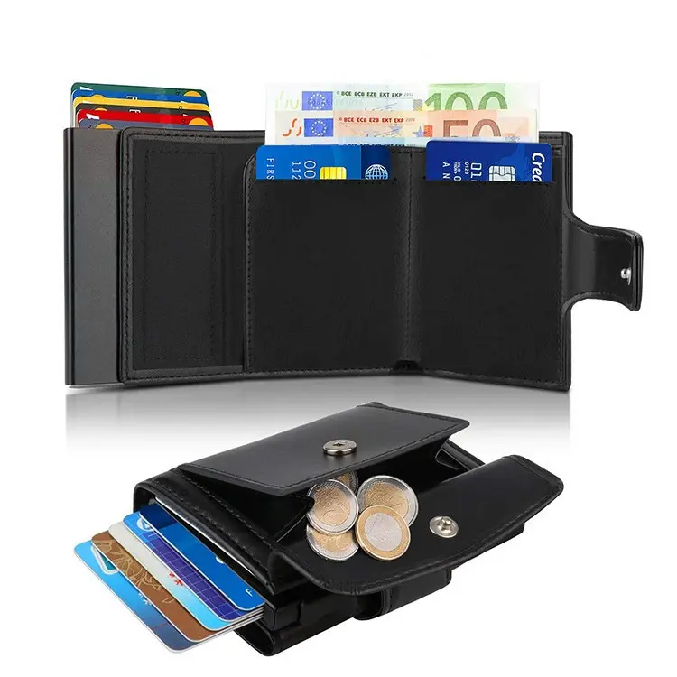 Popular Hot Sale Aluminum Metal Case Customized Leather Pop Up Card Holder Wallet With Coin Pocket