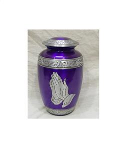 Mano de oración de aluminio azul con urna de cremación grabada en plata, suministros funerarios, Brassworld, India - Product Image 1