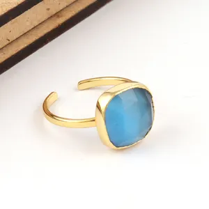 Fast shipping faceted natural blue cats eye ring gold/silver plated factory supplier designer open finger adjustable unisex ring