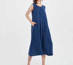 Royal Blue Sleeveless A-Line Midi Dress O-Neck Loose Fit 100% Linen Casual <b>Summer</b> Wear - Product Image 4