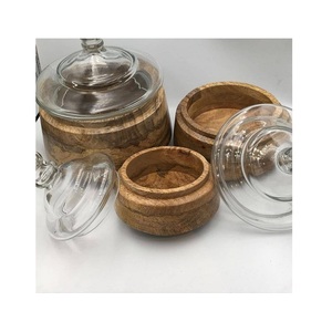 Juego de 3 cuencos de madera para servir con tapa de vidrio, forma redonda, diferentes tamaños, aperitivos, postre, tazón para los más vendidos - Product Image 2