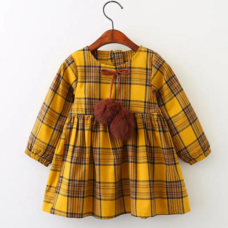 Ravissante robe à carreaux avec pompon à manches longues pour petites filles, nouveauté 2019