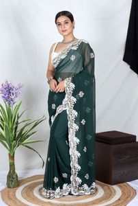 <b>Beautiful</b> Black Georgette Viscose Thread Work Partywear Saree for Wedding and Party for Women - Product Image 4