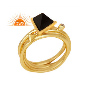 Bague en argent Sterling et plaqué or, pierre précieuse, disponible en Onyx noir et zircone cubique, 1 pièce - Product Image 1