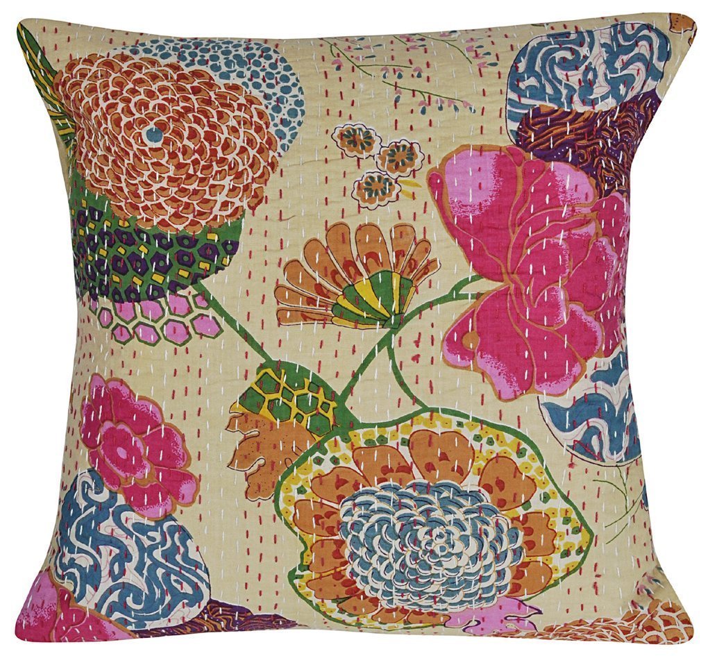 Вышивка ручной работы 'beige16 'индийская Kantha Цветочная хлопковая шелковая квадратная наволочка для подушки традиционная домашняя