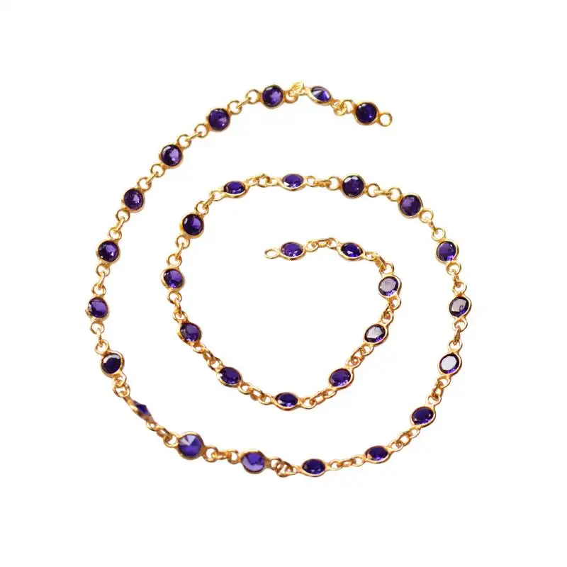 Amethyst Round Shape Bezel Link Chain Handmade Bezel Connector Gold Plated Jewelry Making Gemstone Charm Connector CZ Chain