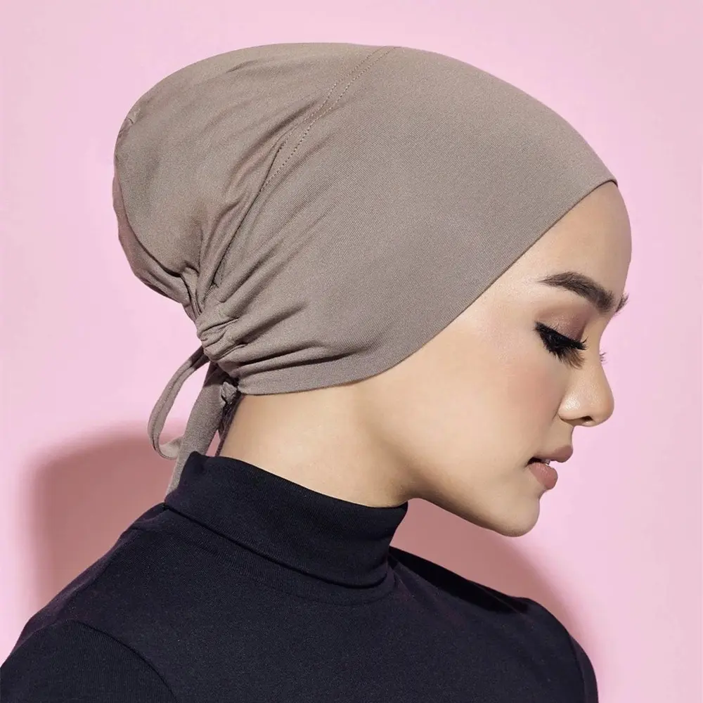 Newest Elastic Bottom Cap Tied Rope Hijab Solid Color Scarf Adjustable Head Bonnets Muslim Scarf Hijab Women