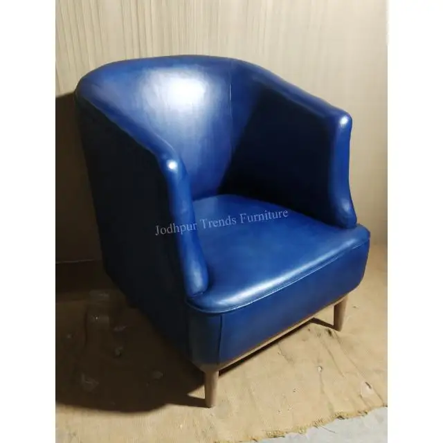 Juego de sillas de sofá de salón de un solo asiento de cuero genuino azul de diseño moderno de aspecto elegante fino de alta calidad