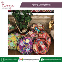 Pouf Ethnique Vintage de 32 Pouces, Grandes Poufs Bohème Marocain, Fait à la Main, Tissu de Jute, Bambou, Art Indien, Décoratif