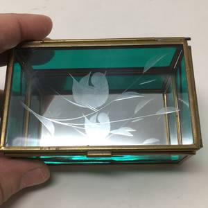 Vintage Etched Green Glass Brass Trinket <b>Box</b> Bird <b>Mirror</b> Home Decor - Product Image 1