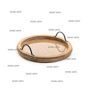 Plateau de service à chocolats en bois et en verre avec poignées en fer Plateau de service de forme ronde de dernière conception à vendre - Product Image 1