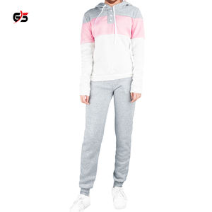 Ensemble de survêtement pour femmes, pull-over à boutons et panneaux de couleur, sweat-shirt à capuche, pantalon de jogging, en molleton de Polyester, vente d'usine OEM - Product Image 6