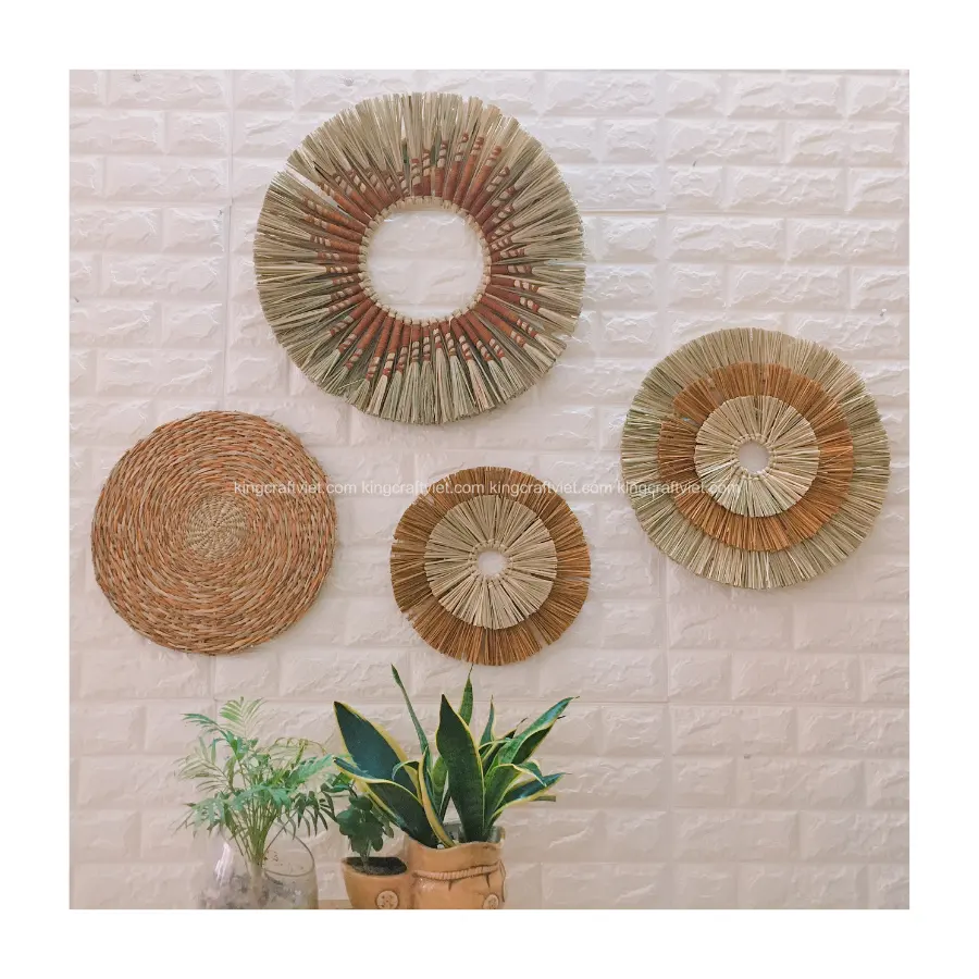 Hot Product Set 4 of Seagrass Straw Round Dried Plant Water Hyacinth Boho Decor Hanging Baskets for Wall Decor Made in Vietnam
