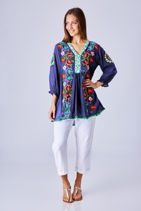 Boho Floral Embroidered Cotton Midi Dress V-Neck <b>Three</b> Quarter Sleeve Loose Fit Summer Casual Women's Tunic Rajasthan In-Stock - Product Image 6