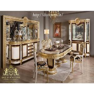 Ensemble de meubles de salle à manger formels de style impérial, meubles de salle à manger de luxe en teck, table à manger hautement artisanale avec sculpture en feuille d'or - Product Image 1