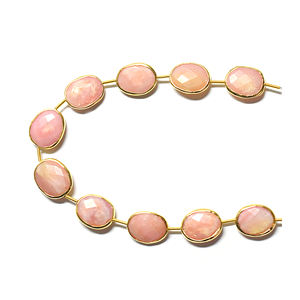 Pink <b>Opal</b> Oval Shape Silver Bezel <b>Gold</b> Plated Top Straight Drilled 10 Beads Strand - Product Image 3