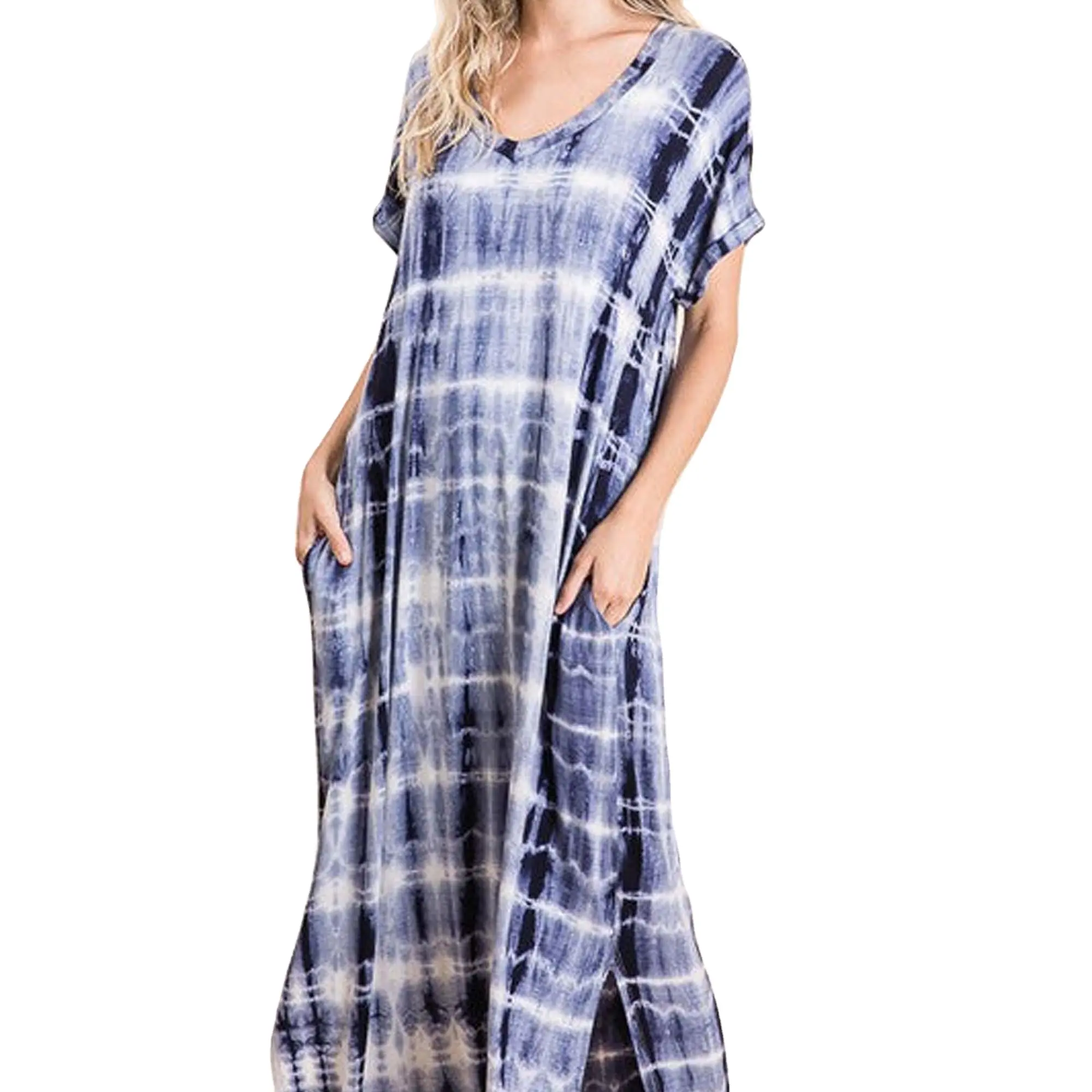 Beautiful Tie Dye Rayon Ladies Wear Summer Casual Wear Maxi Dresses With Pocket Office Formal Clothing