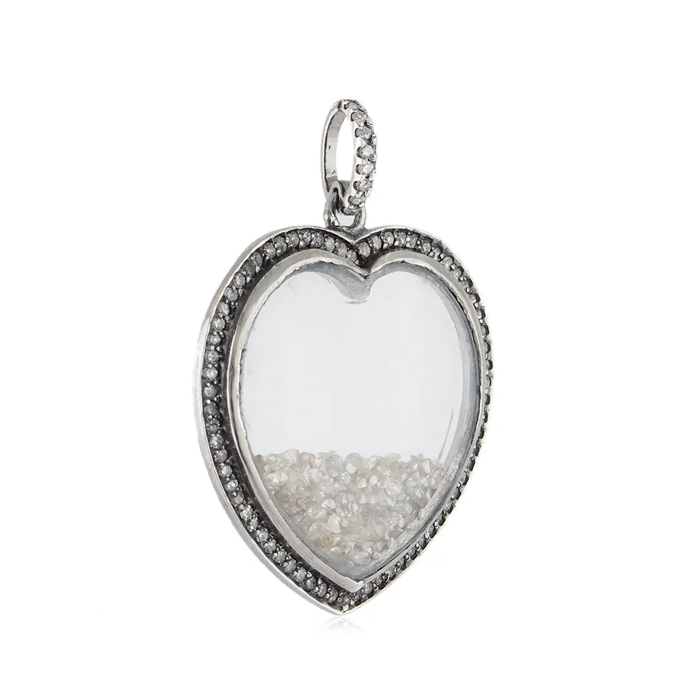 Pave Diamond 925 Silver Heart Shaped Crystal Inside Loose Diamond Shaker Pendant Jewelry Wholesale