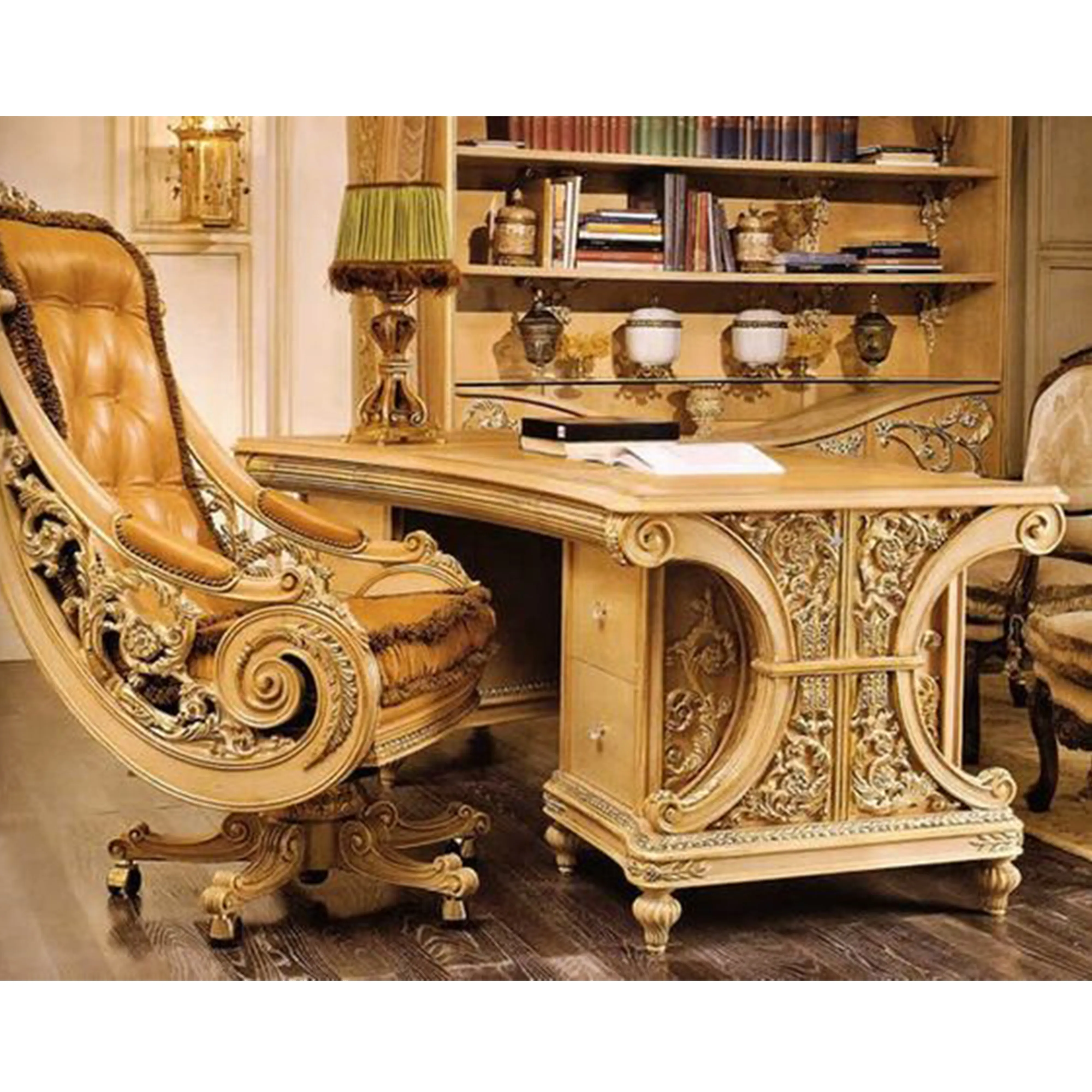 Set tavolo da ufficio e sedia da regista che intagliano scrivanie da ufficio fatte a mano in legno massello best seller mobili per ufficio Best Seller Royal