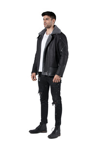 Parkas en peau de mouton véritable de qualité supérieure, design lisse, respirant, col en V, cuir noir pour hommes, hiver/automne - Product Image 5