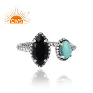 Prong Black Onyx Turquoise Gemstone Ring Oxidized Sterling Silver Ring Handmade Adjustable Ring Jewelry Manufacturer - Product Image 2