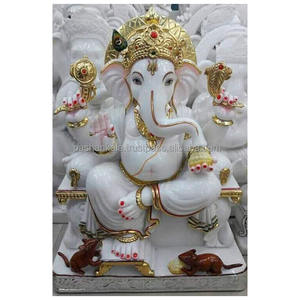 Statue Ganesha en marbre blanc, 1 pièce, dorée - Product Image 1