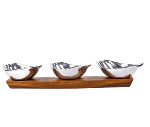 Juego de cuencos de servicio de metal de la mejor calidad de 3 piezas con bandeja de madera para el hogar, vajilla, cuenco de sopa de hotel, ensaladera de metal plateado - Product Image 1