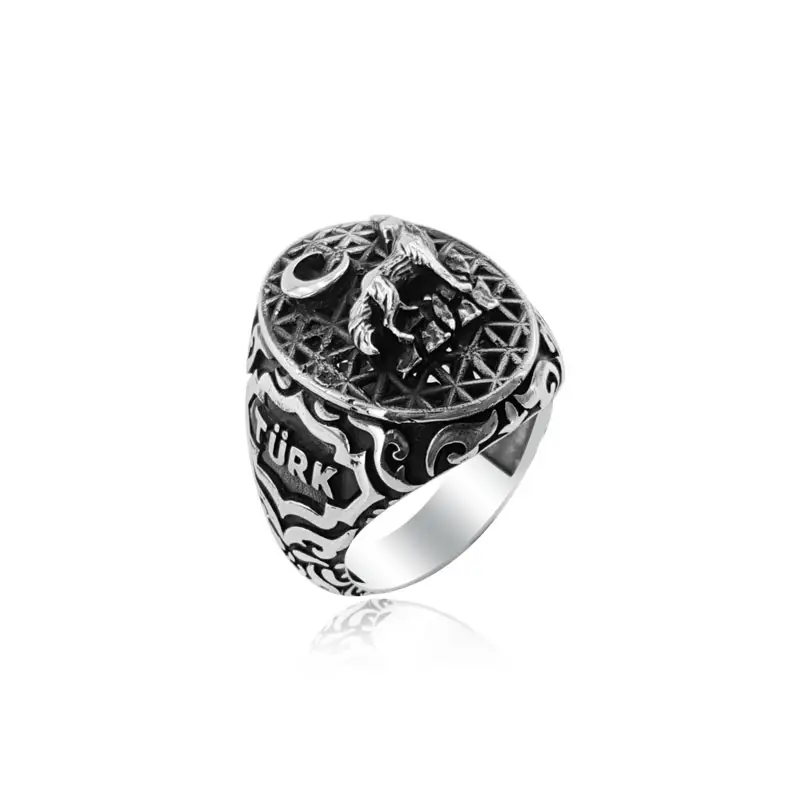 Мужское кольцо из серебра 925 пробы, с Серым Волком и Луной