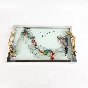 Top Quality Unique Design Handmade Beautiful Mirror Stainless Steel Table Tray fixed white agate with gold handles