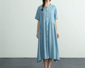 Light Blue Linen A-Line Floor-Length Formal Slits O-Neck <b>Short</b> Sleeve Regular Fit <b>Summer</b> <b>Dress</b> Button Front Solid Color Woven - Product Image 2