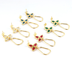 Aqua chalcedony gemstone dangle earring leaf design statement jewelry 18k gold plated brass fashion drop <b>stud</b> earring for her - Product Image 5