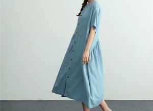Light Blue Linen A-Line Floor-Length Formal Slits O-Neck <b>Short</b> Sleeve Regular Fit <b>Summer</b> <b>Dress</b> Button Front Solid Color Woven - Product Image 5