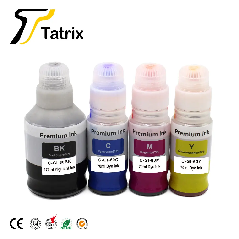 حبر Gi60 Gi-60 الحبر Tatrix المتوافقة لون المياه القائمة على زجاجة عبوة الحبر الأكبر GI-60 لكانون G6060 G6065