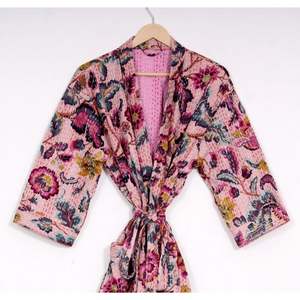 100% algodón indio Floral Jaipuri estampado Kantha Stitch Robe Kimono hecho a mano para mujeres tamaño libre ropa de baño ropa de dormir - Product Image 2