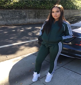 Latest design women's <b>white</b> <b>stripped</b> round neck zipper hoodie with matching joggers trousers - Product Image 5