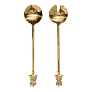 Food Serving Set Metal Decorative Salad Servers Pineapple End Long Round Handle <b>Gold</b> Polished Salad Serving Set - Product Image 2