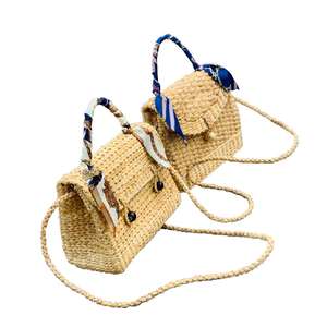 Natural Style Water Hyacinth Rattan Straw <b>Bag</b> With Silk Decoration Cotton Lining Button Closure Handled <b>Bag</b> With Bow <b>Tassel</b> - Product Image 2