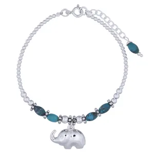 珠饰纯银手镯大象魅力绿松石珠子可调节