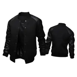 Мужская Черная Стильная университетская куртка с кожаными рукавами