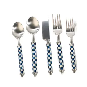 Blue and White Check Handle Stainless Steel Flatware set spiral handle flatware sets long handle flatware set