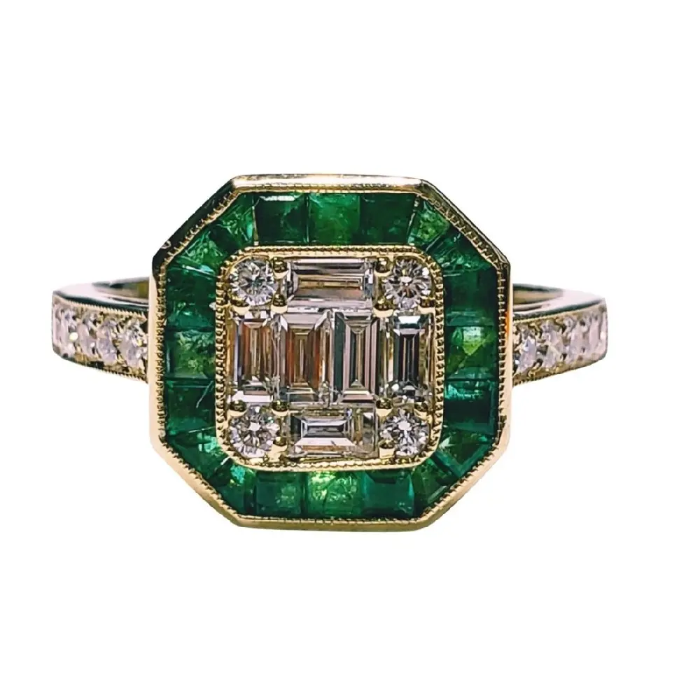 Antieke Vintage Art Deco Vierkante 18K Solid Yellow Gold Echte Baguette Diamanten Cluster Princess Emerald Ringen Cluster Voor Vrouwelijke