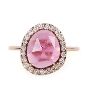 Anel com pedra preciosa genuína, anel em cor sólida 14k dourado rosa de turmalina, fabricante de joias finas de ouro e diamante