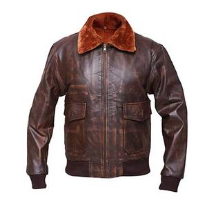 Chaqueta de bombardero de invierno informal, piel de cabra marrón, cuero de vaca, cuello alto grueso, cierre de cremallera, técnica lavada, servicio OEM disponible - Product Image 1