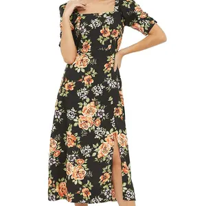 Vestido de praia estampado floral rayon, vestido feminino elegante manga comprida