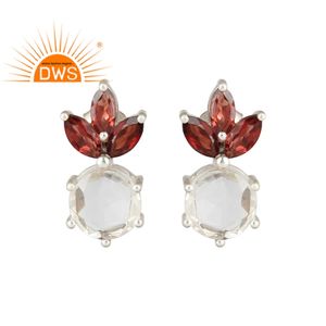 Boucles d'oreilles en argent 925, joli bijou en grenat naturel et cristal Quartz, pierres précieuses, vente en gros - Product Image 1